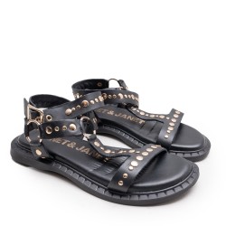 Sandalia Piel Negra Tachas Doradas