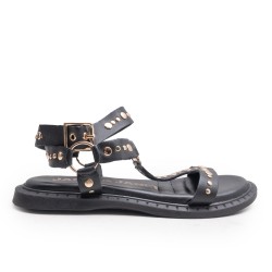 Sandalia Piel Negra Tachas Doradas