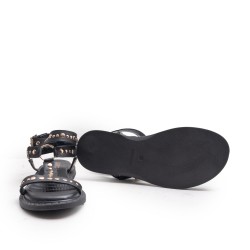  Black Leather Sandal with Gold Studs