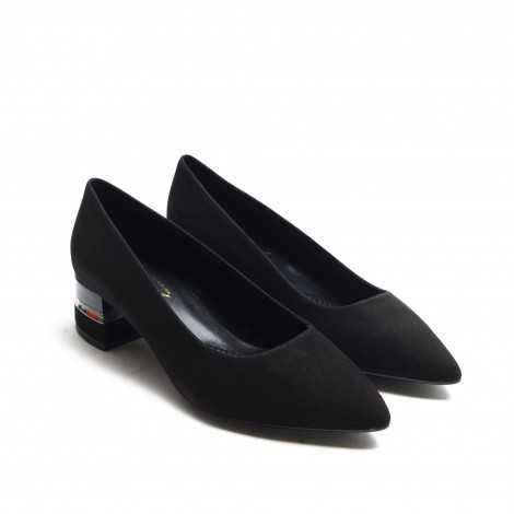 Decorated heel Black Suede Heel Shoes