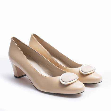 Nude Leather Ornament Heel Shoes